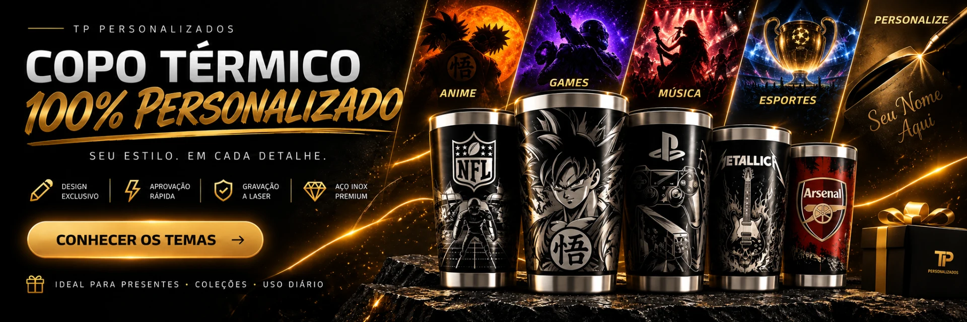 Copo térmico 100% personalizado. Seu estilo em cada detalhe. Conheça os temas.